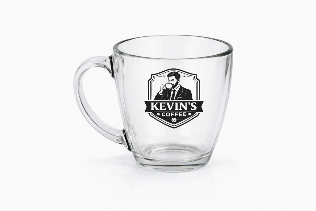Engraved Glass Coffee Mug — 'Kevin's Coffee' Tapered 15.5 oz