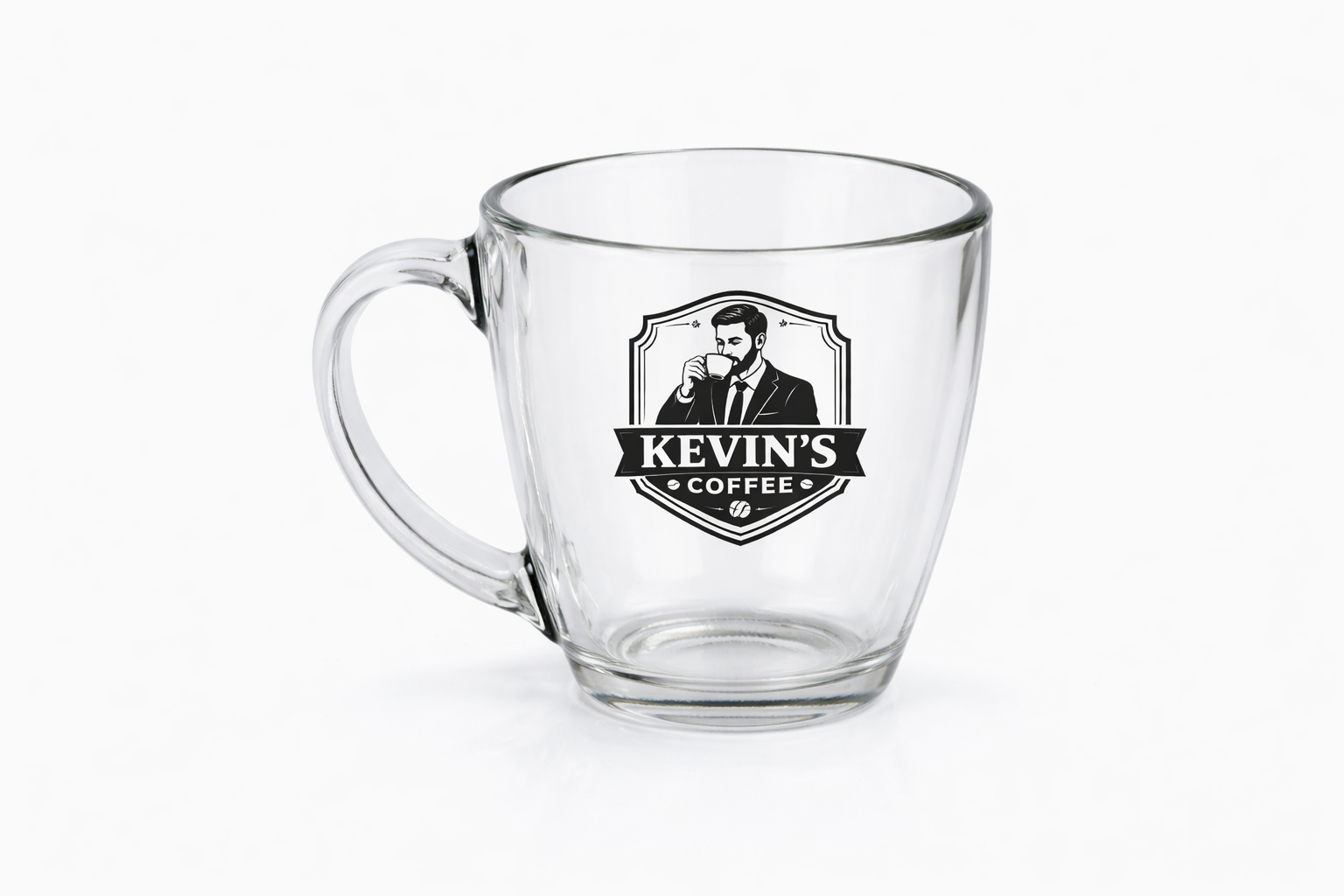 Engraved Glass Coffee Mug — 'Kevin's Coffee' Tapered 15.5 oz