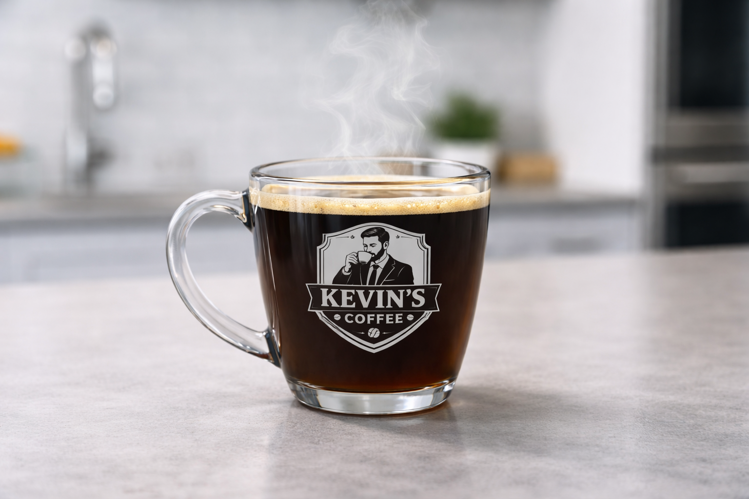 Engraved Glass Coffee Mug — 'Kevin's Coffee' Tapered 15.5 oz